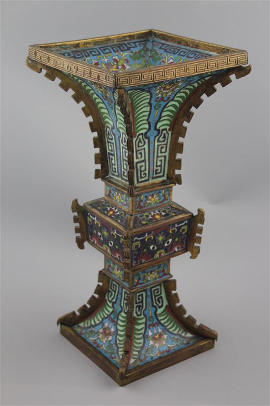 A Chinese gilt bronze and cloisonne enamel beaker vase, gu, Qianlong mark, first half 20th century, 33.5cm